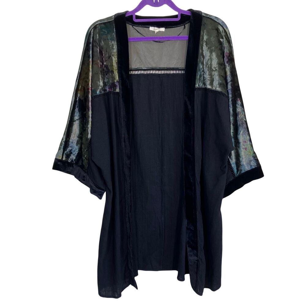 Mystree Sz S/M Boho Whimsical Mixed Media Velvet Trim & Gauze Open Front Kimono